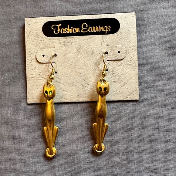 Dangly Goldtone Long Cat Earrings with Green Rhinestone Backing for Eyes Fashion - Picture 1 of 7
